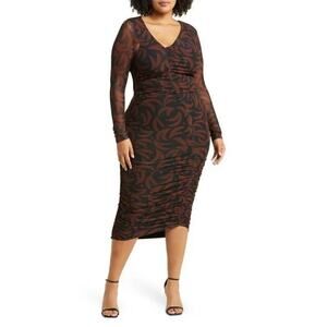 11 Honoré Ruched Midi Dress Sz 1X Mesh Abstract Zebra Print Long Sleeve Wedding